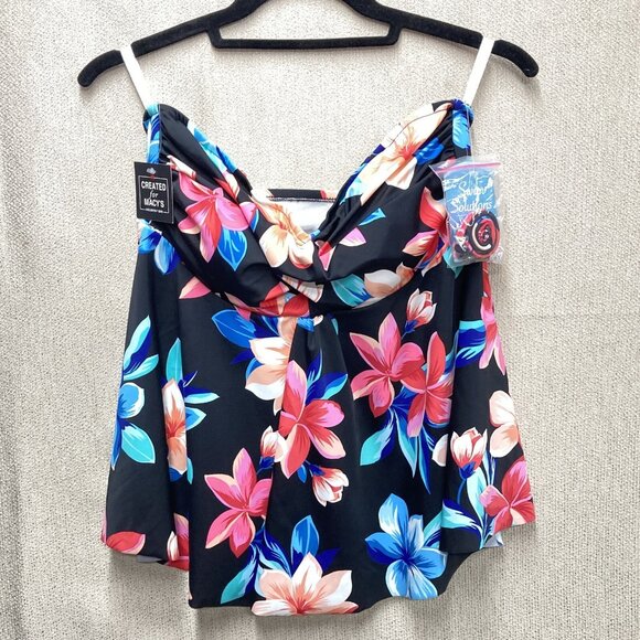 Swim Solutions Tankini Womens 12, Black Floral Sweetheart Twist Bathing Swim Top - Picture 3 of 11